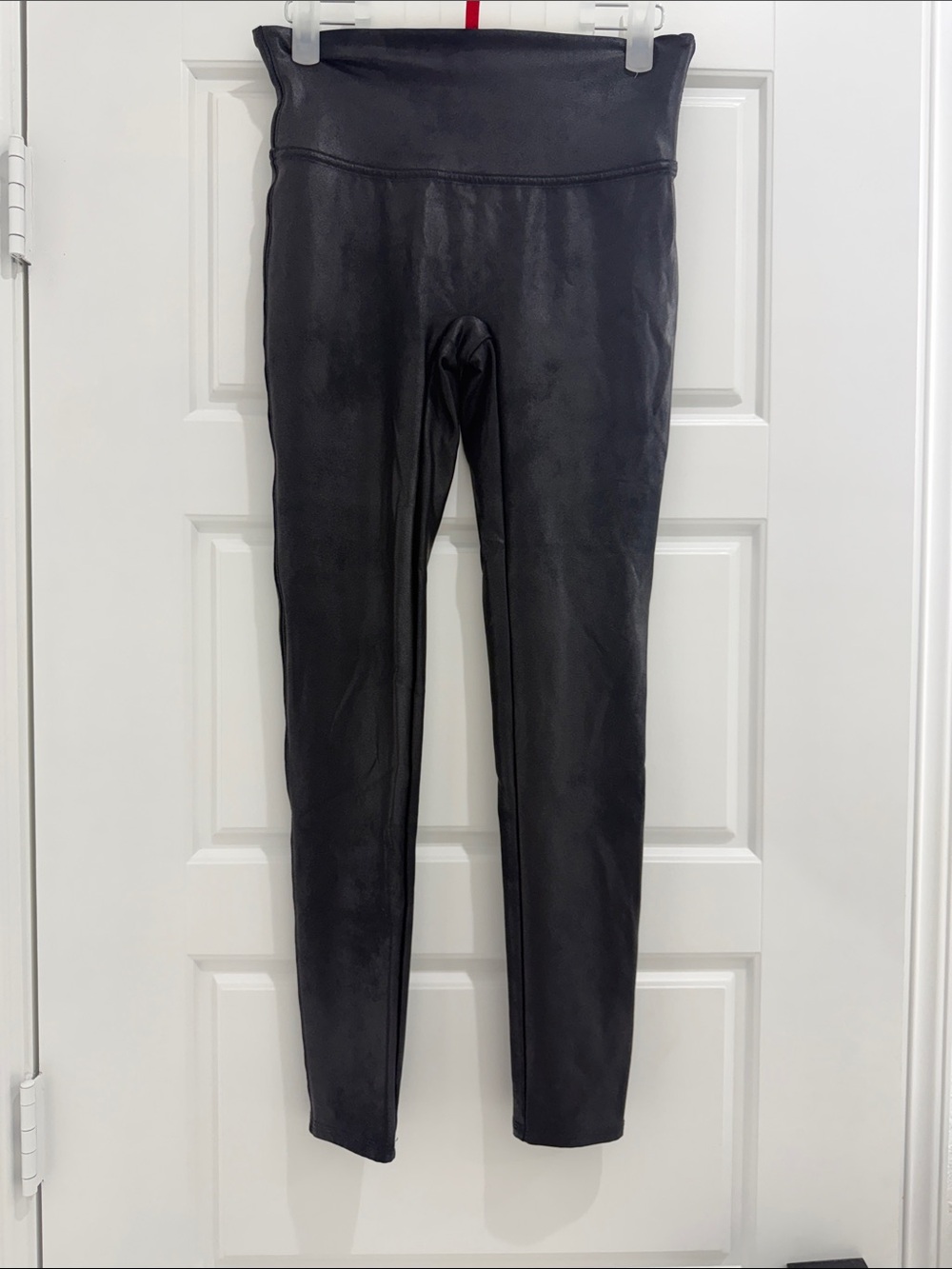 SPANX Black Faux Leather Leggings with Red Logo Tag